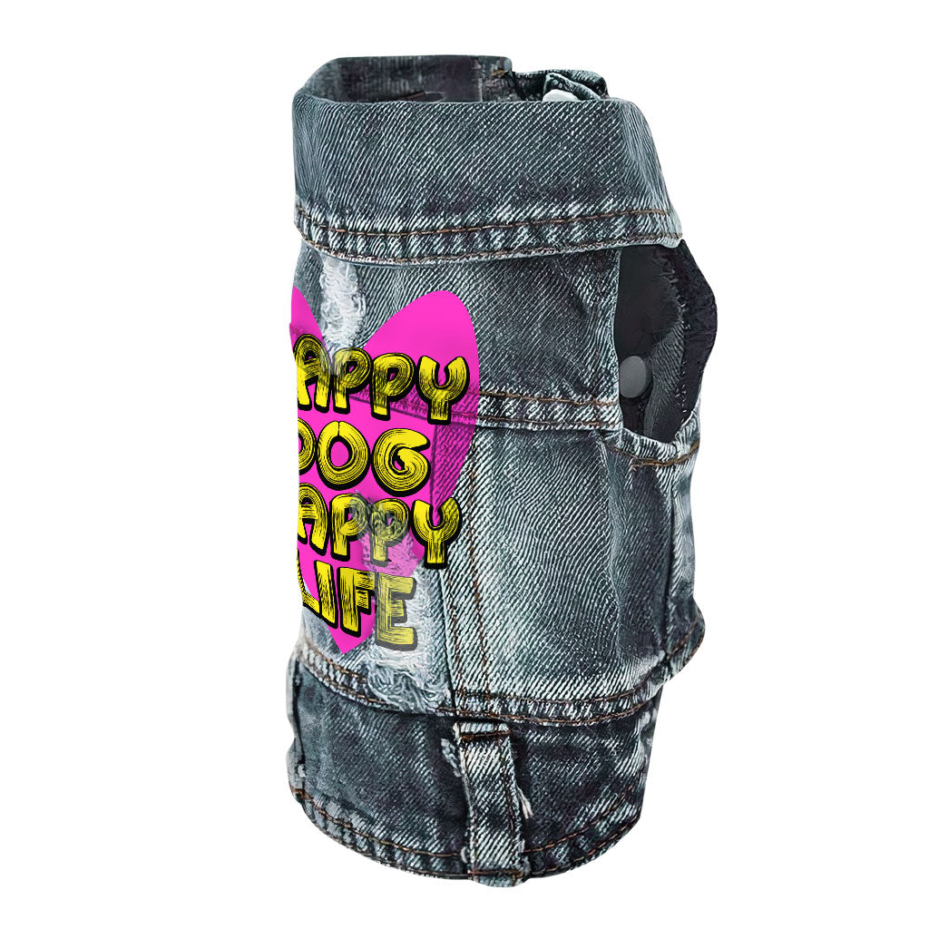 Happy Dog Happy Life Dog Denim Vest - Phrase Dog Denim Jacket - Art Print Dog Clothing