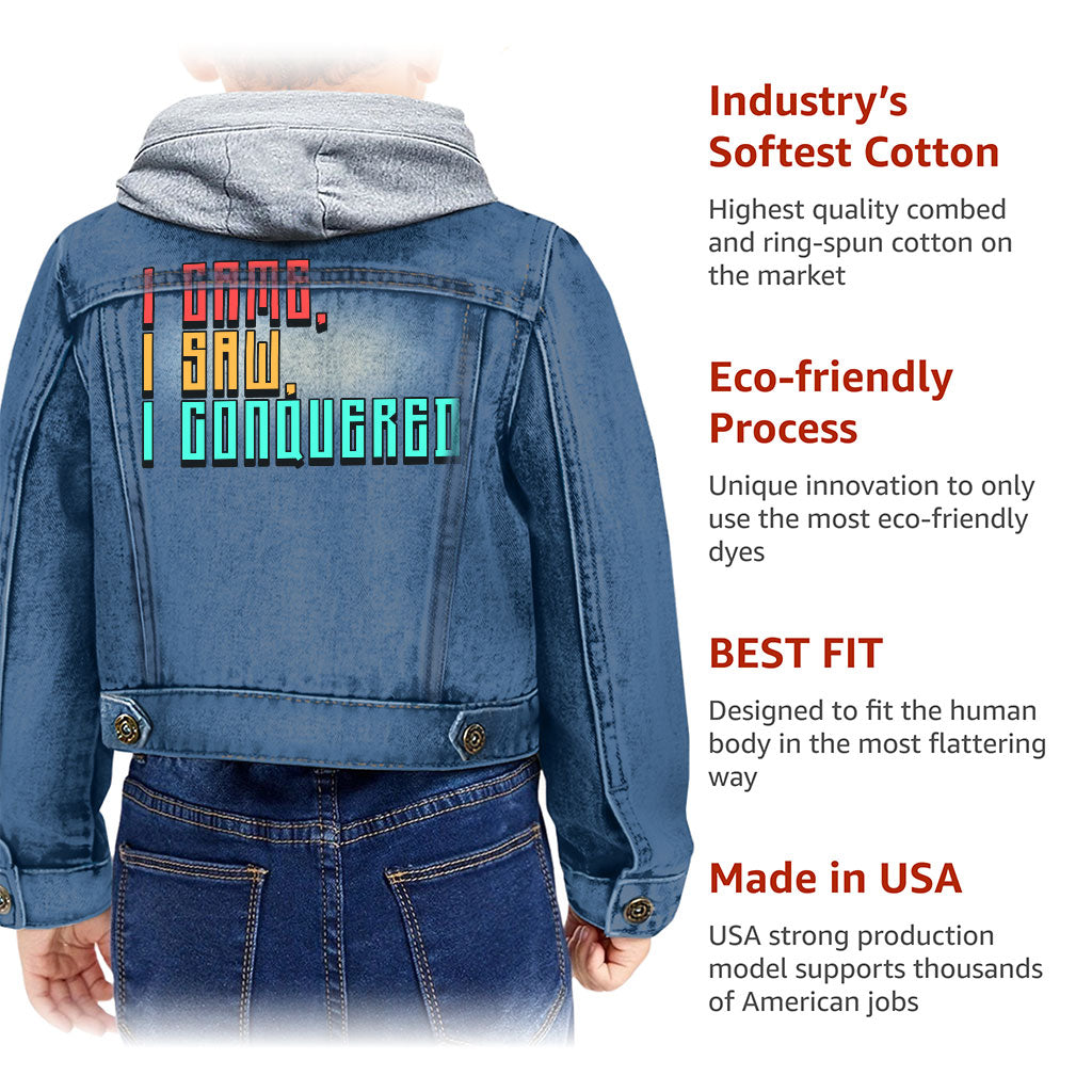I Came I Saw I Conquered Toddler Hooded Denim Jacket - Cool Jean Jacket - Best Selling Denim Jacket for Kids