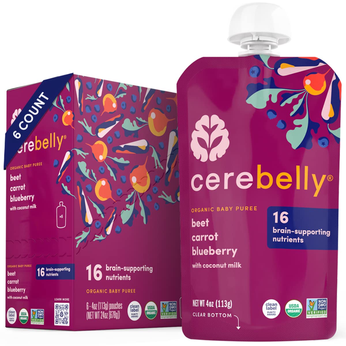 Cerebelly Organic Baby Food Pouches Beet Carrot Blueberry (4 Ounce, 6 Count) – Toddler Snacks - 16 Brain-supporting Nutrients from Superfoods - Healthy Snacks, Gluten-Free, BPA-Free, No Added Sugar