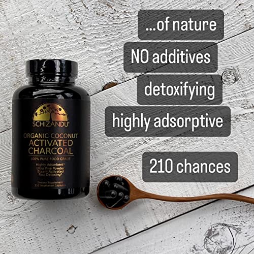 Schizandu Organics Activated Coconut Charcoal Capsules, 100% Pure Detox, Non GMO | 210 Pills | Use for Detoxification, Teeth Whitening, Digestive Health, Prevention
