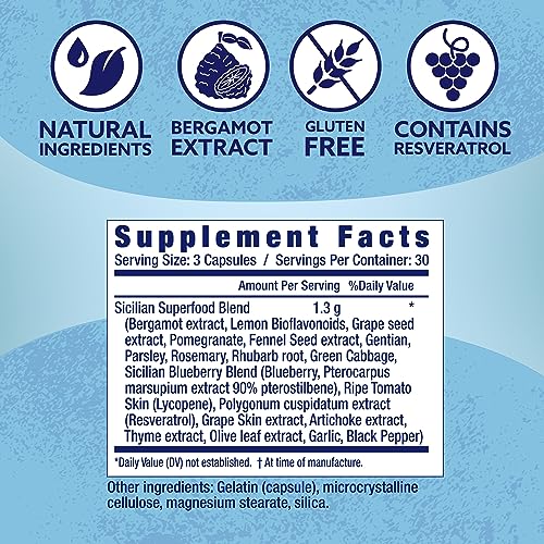 Healthy to 100, Sicilian Secret Mediterranean Diet, Superfood, Supports Healthy Lifestyle, (with Resveratrol, Rosemary, Grape Seed Extract, Bergamot Extract) Boost Immunity, 90 Capsules, 30 Servings
