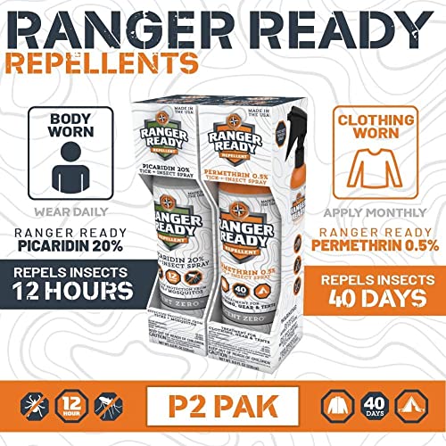 Ranger Ready P2Pak Permethrin + Picaridin Tick & Insect Repellent, Scent Zero, 8 Fl Oz. (Pack of 2)