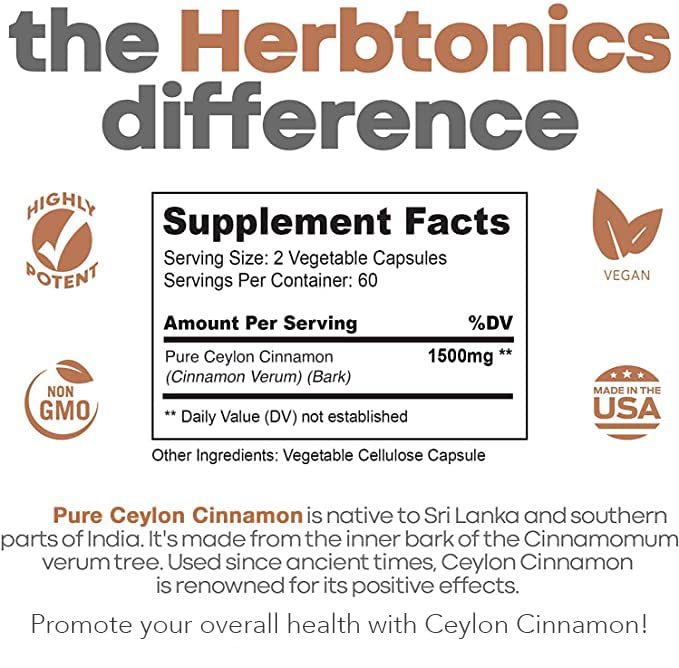 Premium Ceylon Cinnamon Capsules - Effective Cinnamon Pills for Enhanced Well-Being - 1500mg Ceylon Cinnamon Supplement Supports Daily Health- 120 Vegetarian Capsules