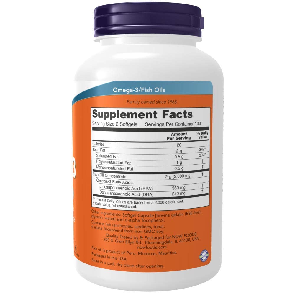 NOW Supplements, Omega-3 180 EPA / 120 DHA, Molecularly Distilled, Cardiovascular Support*, 200 Softgels