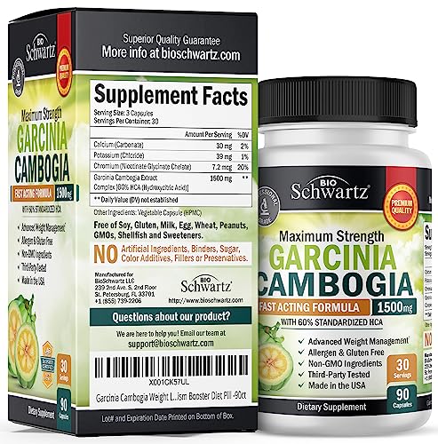 Garcinia Cambogia Weight Loss Pills - 1500mg HCA Pure Extract - Fast Acting Appetite Suppressant - Fat Burner for Women and Men to Help Lose Weight - Carb Blocker Metabolism Diet Pill - 90 Capsules