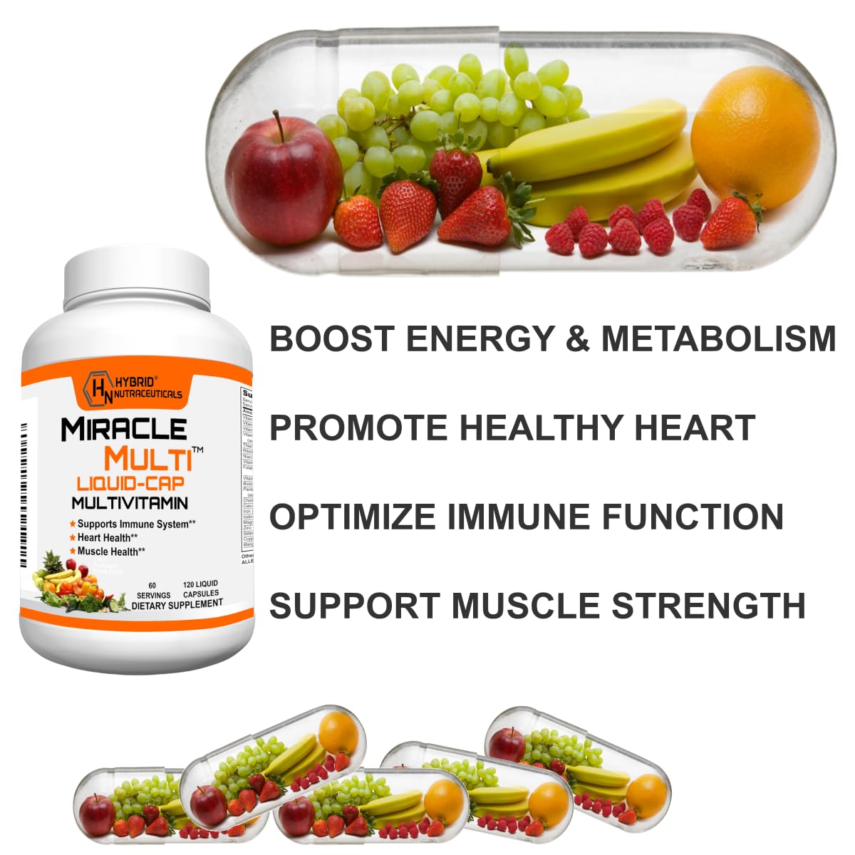 MiracleMulti Liquid Multivitamin Capsules for Men & Women - Complete Whole Food Blend Daily Vitamin & Mineral Supplement with CoQ10, B12, 42 Superfood Enzyme - 120 Softgels
