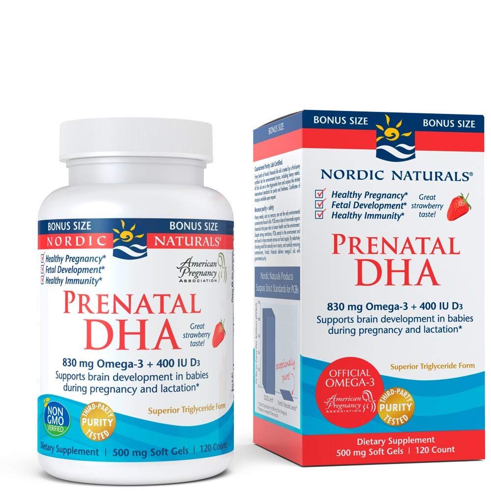 Nordic Naturals Prenatal DHA, Strawberry - 120 Soft Gels - 830 mg Omega-3 + 400 IU Vitamin D3 - Supports Brain Development in Babies During Pregnancy & Lactation - Non-GMO - 60 Servings