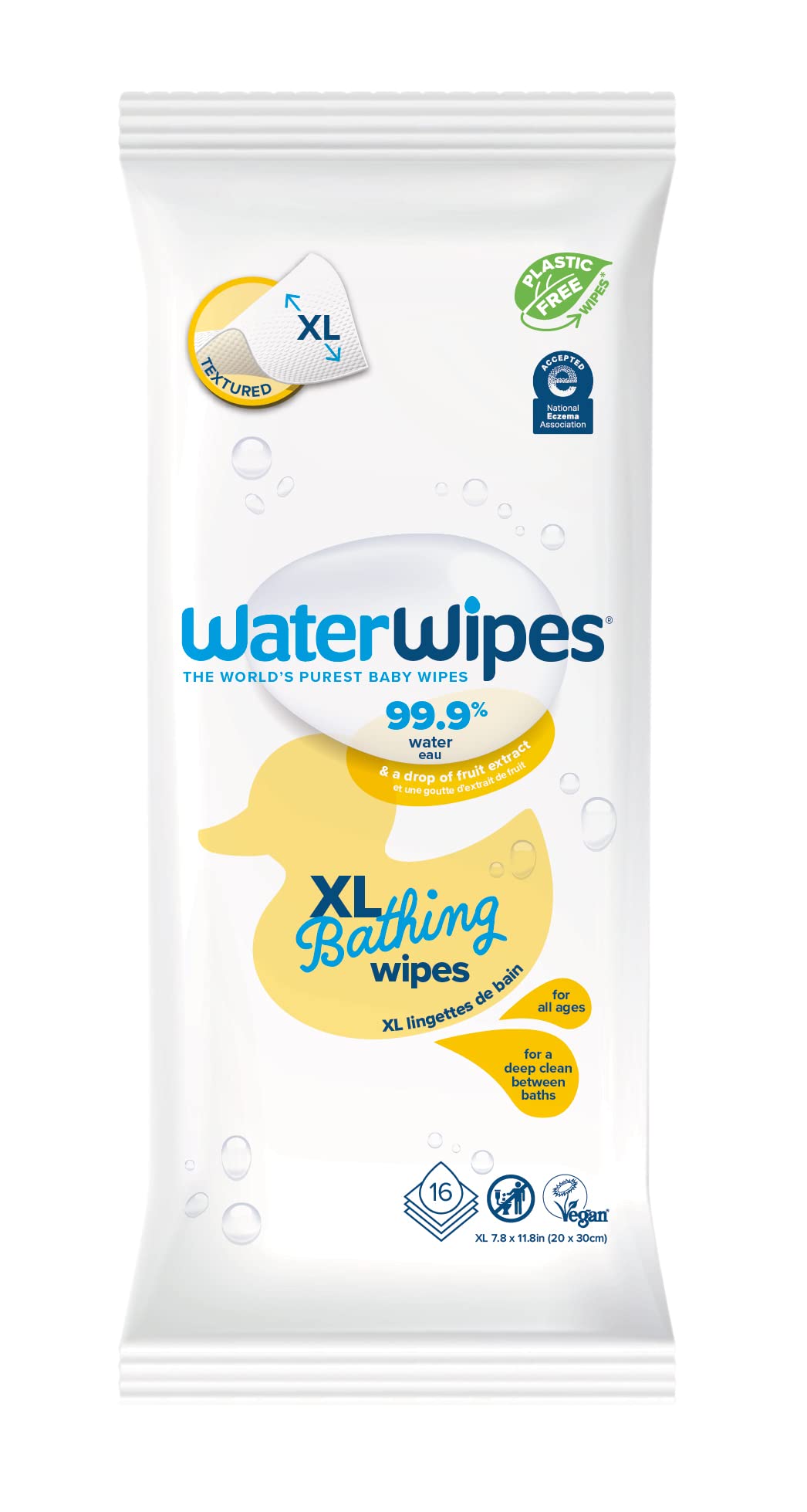WaterWipes Plastic-Free XL Bathing,Toddler & Baby Wipes, 99.9% Water Based Wipes, Unscented & Hypoallergenic for Sensitive Skin, 16 Count (1 pack), Packaging May Vary