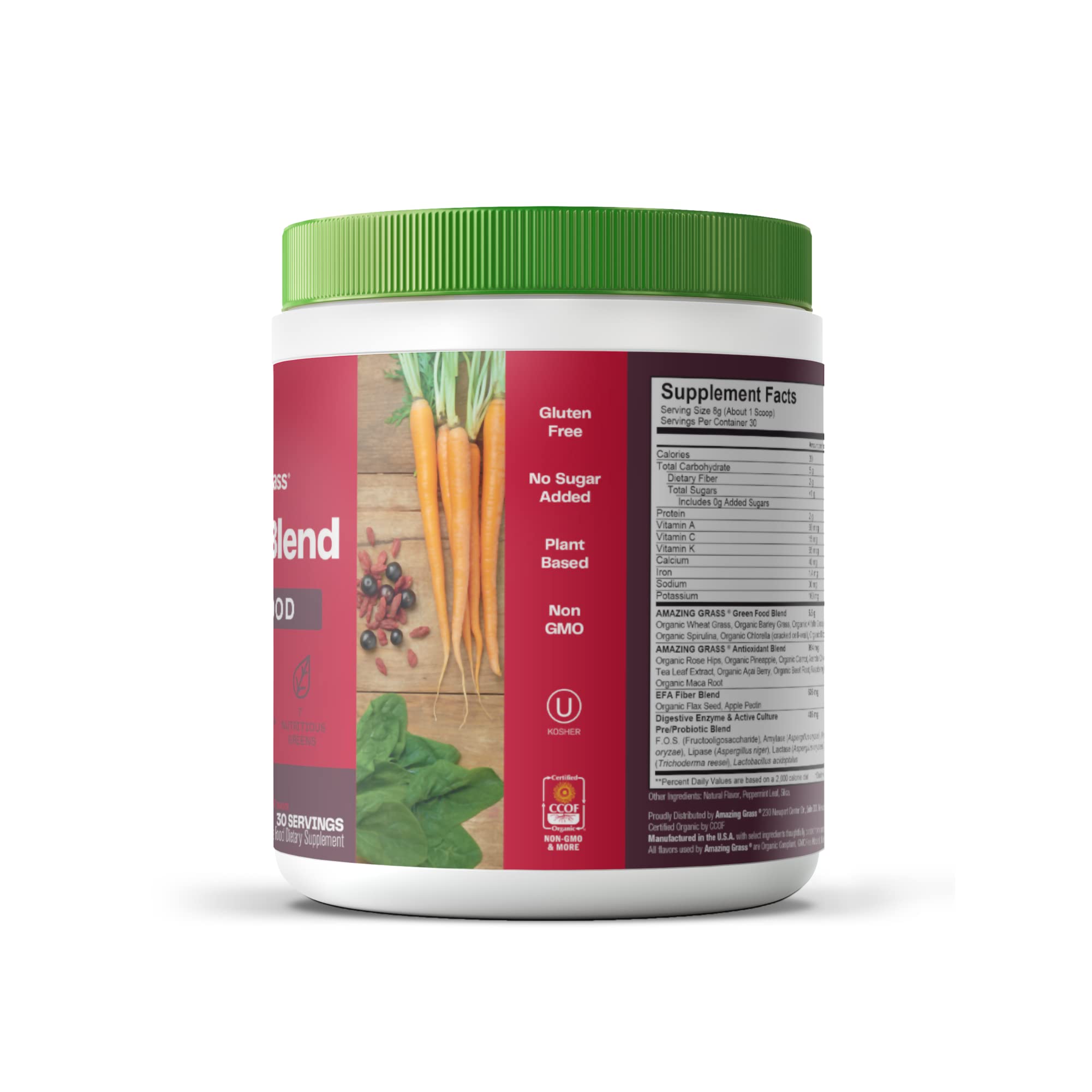 Amazing Grass Greens Blend Superfood: Super Greens Powder Smoothie Mix with Organic Spirulina, Chlorella, Beet Root Powder, Digestive Enzymes, Prebiotics & Probiotics, Berry, 30 Servings