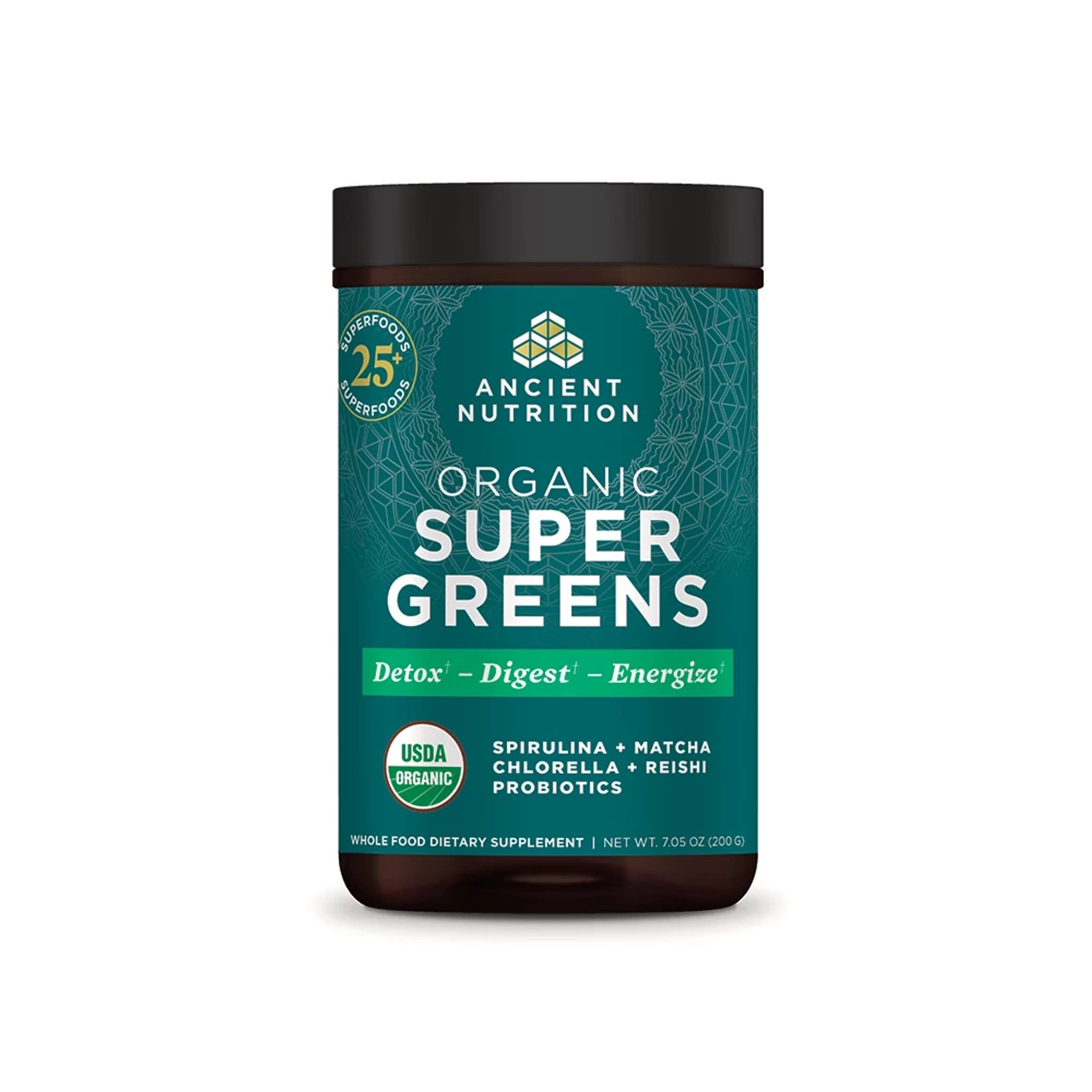 Ancient Nutrition Super Greens Powder, Organic Superfood Powder with Probiotics Made with Spirulina, Chlorella, Matcha, and Digestive Enzymes, 25 Servings, 7.5oz