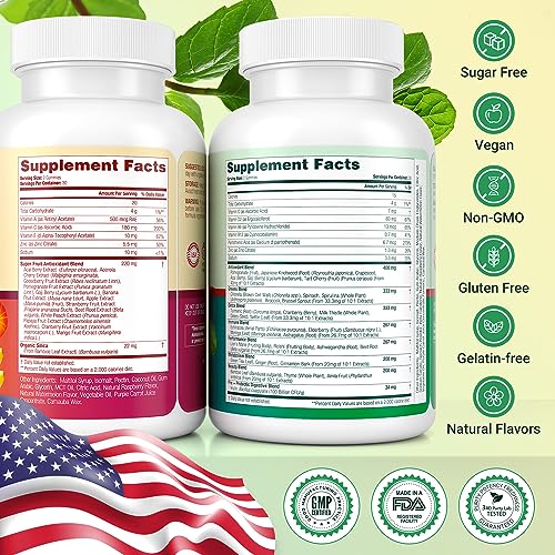 Sugar-Free Fruits and Veggies Gummies - Superfood Fruit and Vegetable Supplement (120 Chews), 16 Superfruits & 8-Blend Veggies, Fruit & Herbs, Fruit and Vegetable Vitamins, Pectin-Based, Gluten-Free