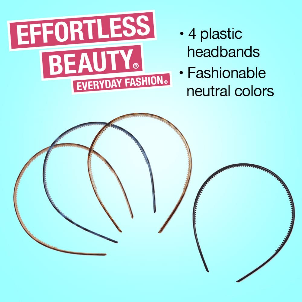 Scunci by Conair Effortless Beauty Skinny Plastic Headbands for Women and Men, Headbands in Durable Plastic, 4 Pack, Neutral Colors