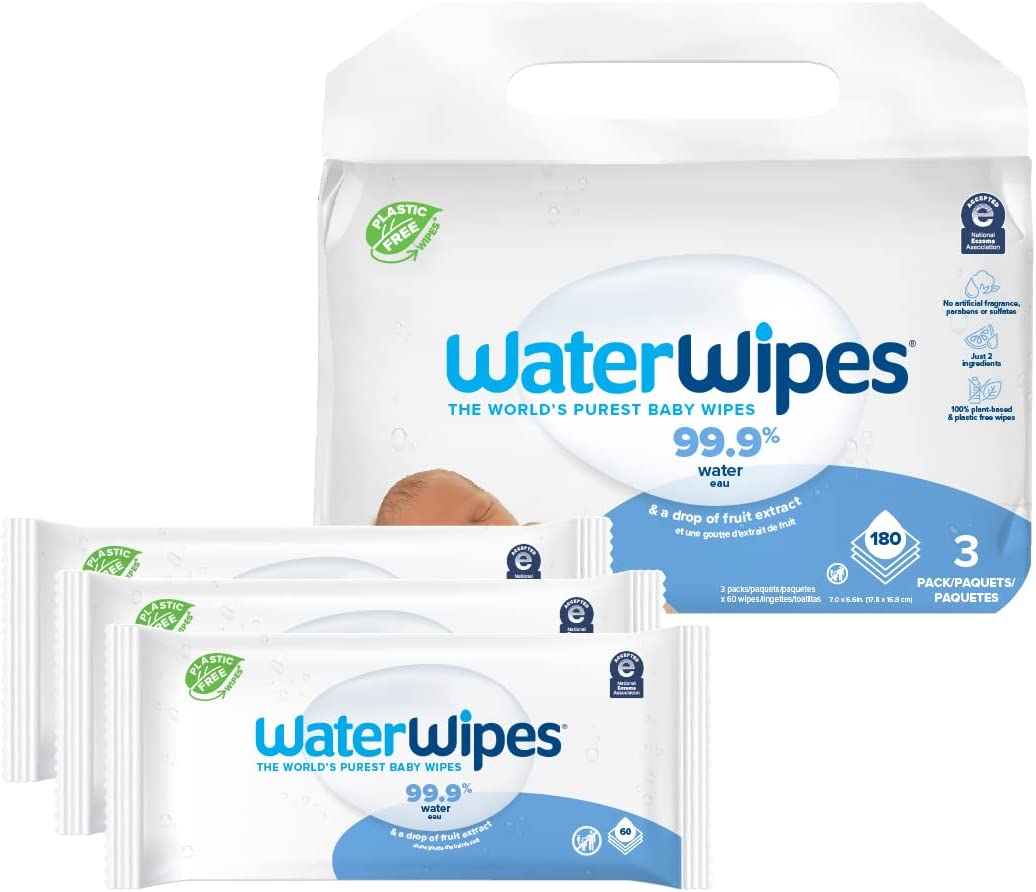 WaterWipes Plastic-Free Original 99.9% Water Based Wipes, Unscented & Hypoallergenic for Sensitive Skin, 180 Count (3 packs), Packaging May Vary