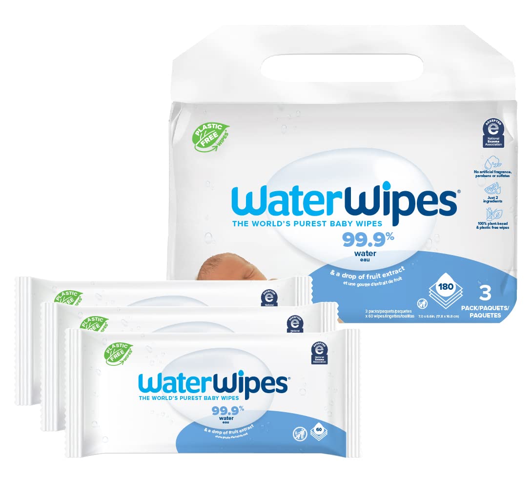 WaterWipes Plastic-Free Original 99.9% Water Based Wipes, Unscented & Hypoallergenic for Sensitive Skin, 180 Count (3 packs), Packaging May Vary