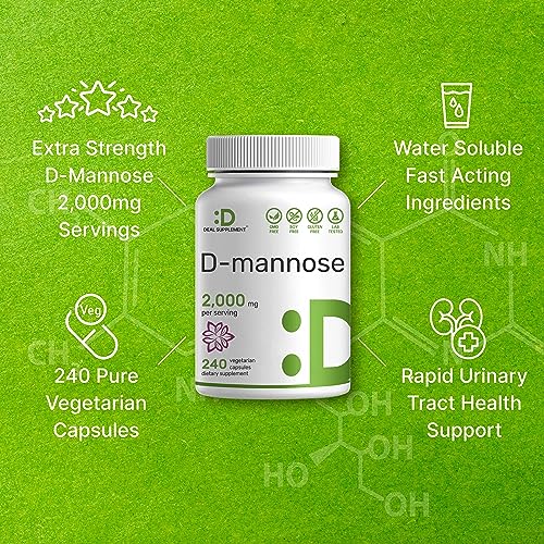 DEAL SUPPLEMENT D Mannose Veggie Capsules, 2,000mg Per Serving, 240 Pills – Fast Acting Water-Soluble Form – Extra Strength Urinary Tract (UTI) Health Support – Non-GMO, Vegan Friendly