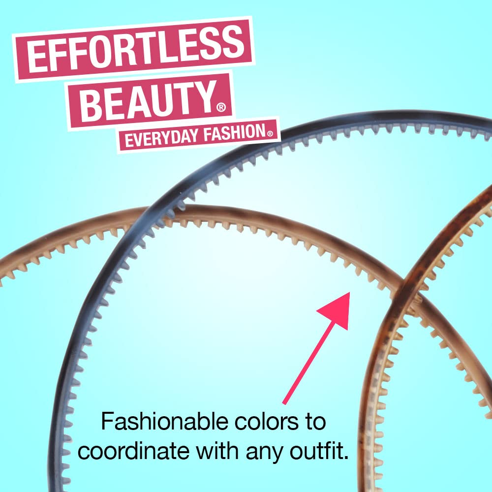 Scunci by Conair Effortless Beauty Skinny Plastic Headbands for Women and Men, Headbands in Durable Plastic, 4 Pack, Neutral Colors