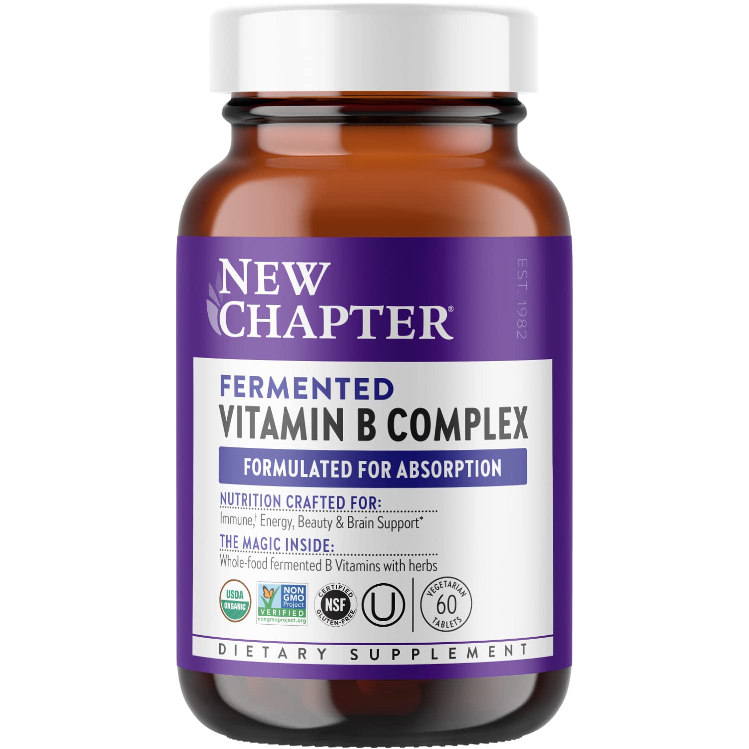 New Chapter Vitamin B Complex, Fermented Vitamin B Complex, USDA Organic, ONE Daily for Cellular Energy + Brain + Beauty, 100% Vegan, Gluten-Free - 60 Count