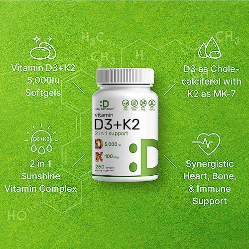 DEAL SUPPLEMENT Vitamin D3 K2 Softgel, 250 Count, 2-1 Complex, Vitamin D3 5000 IU & Vitamin K2 MK7, Promotes Heart, Bone & Teeth Health – Very Easy to Swallow