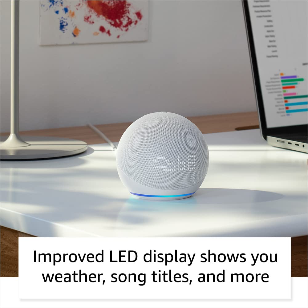 Echo Dot (5th Gen, 2022 release) with clock | Smart speaker with clock and Alexa | Glacier White