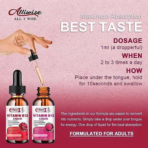 Vegan&High Absorption Vitamin B12 1000mcg Sublingual Liquid Supplement for Women and Men- Blend with Folic Acid 200mcg-Support Brain, Energy & Neuron System- Organic Fruit Flavor