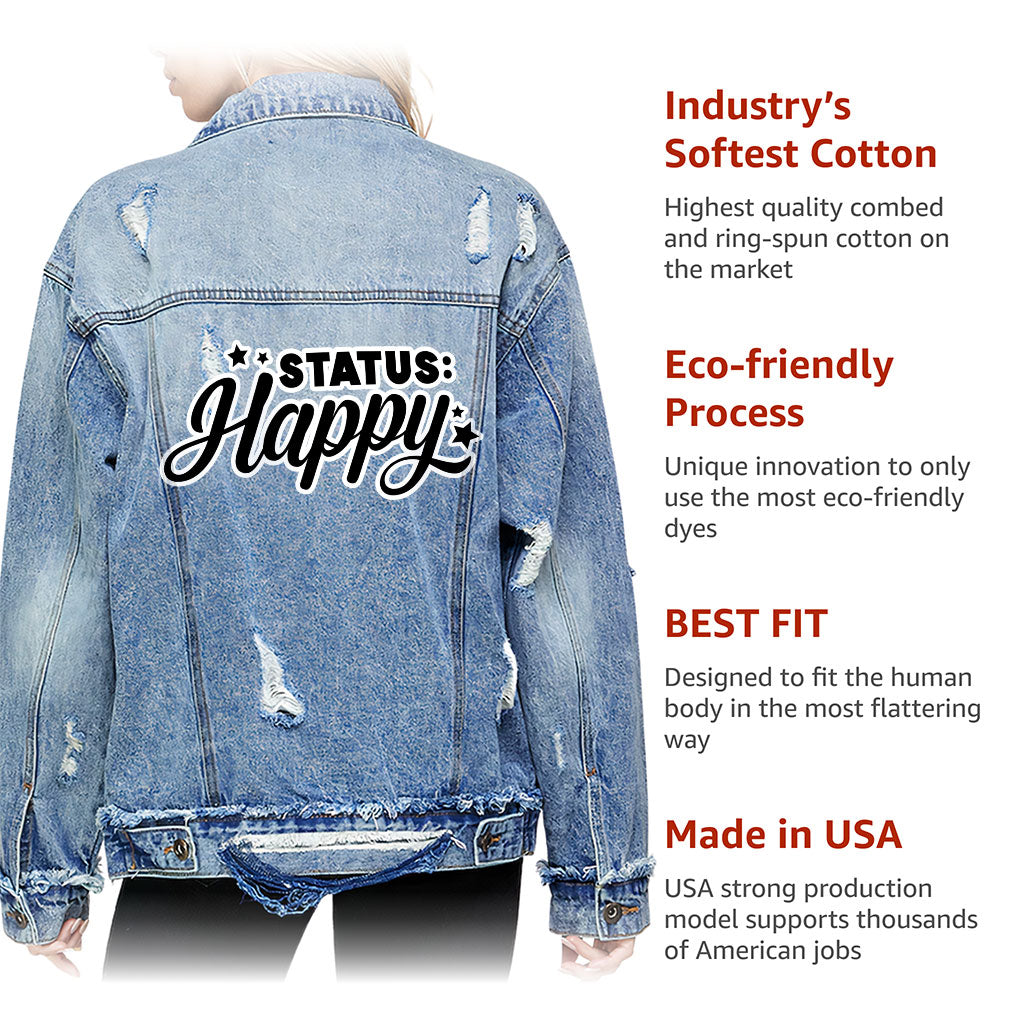 Status Happy Women's Oversized Denim Jacket - Cute Ladies Denim Jacket - Printed Denim Jacket