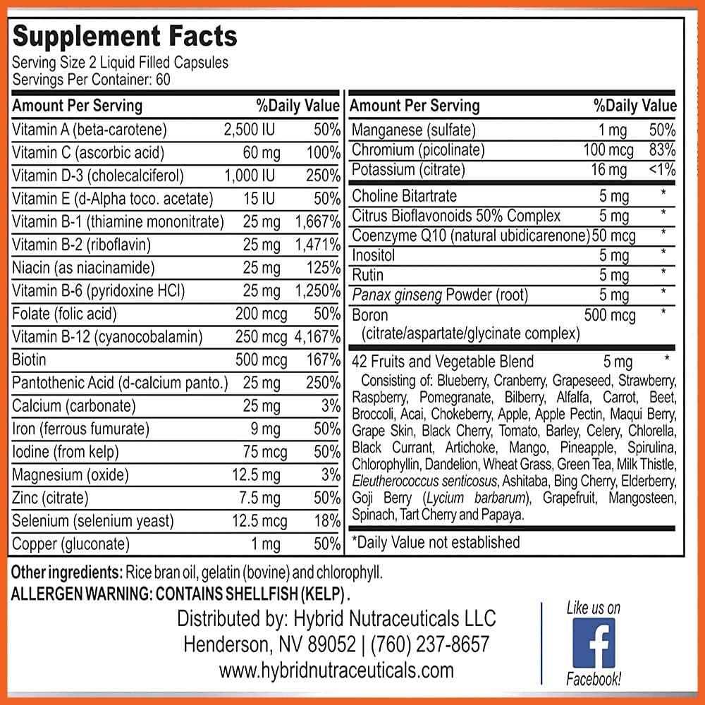 MiracleMulti Liquid Multivitamin Capsules for Men & Women - Complete Whole Food Blend Daily Vitamin & Mineral Supplement with CoQ10, B12, 42 Superfood Enzyme - 120 Softgels