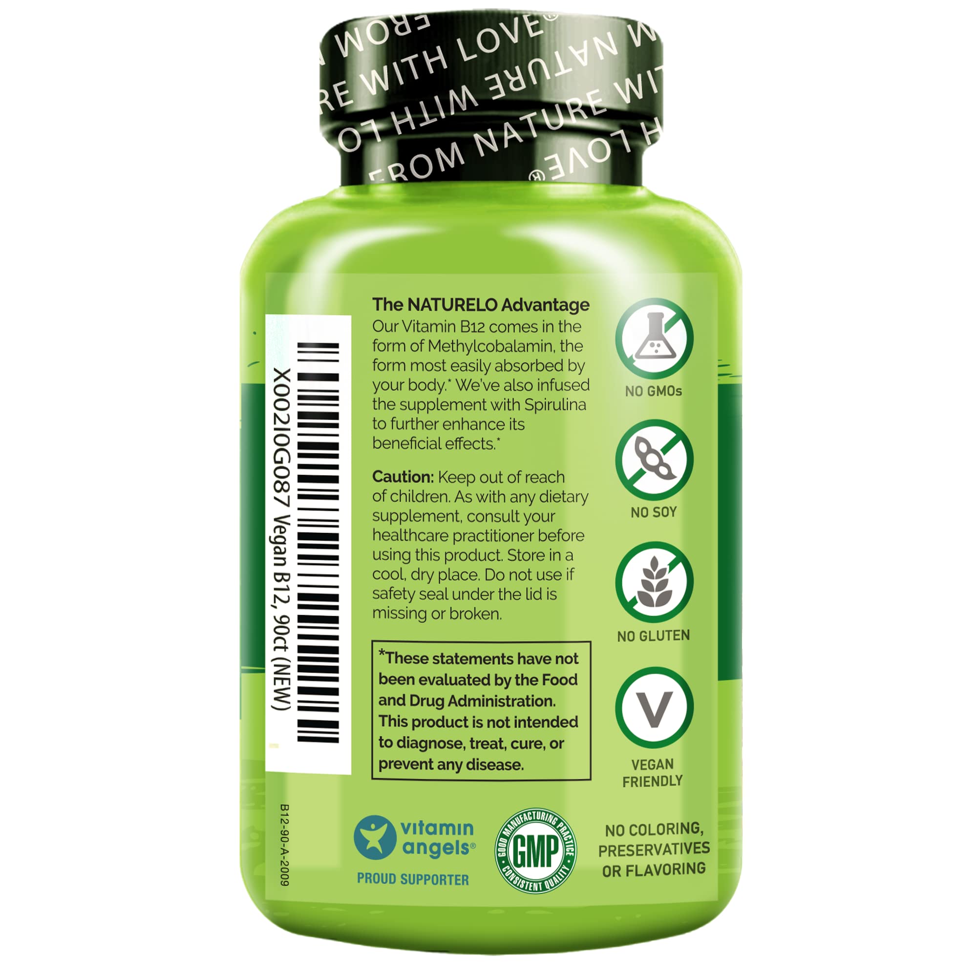 NATURELO Vegan B12 - Methyl B12 with Organic Spirulina - High Potency Vitamin B12 1000 mcg Methylcobalamin - Supports Healthy Mood, Energy, Heart & Eye Health - 90 Capsules
