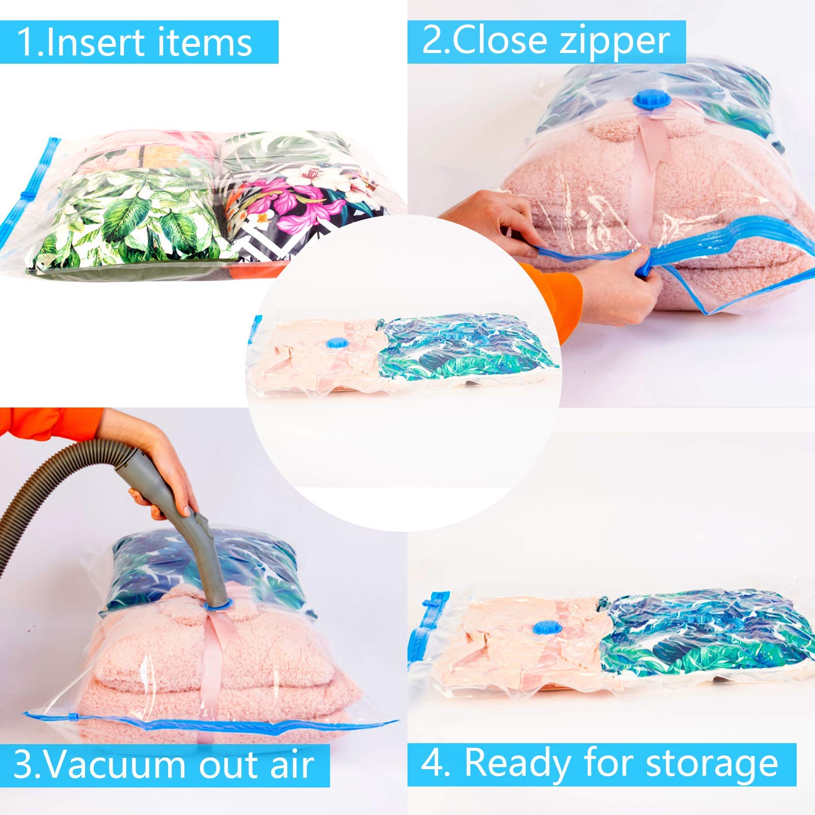 WISEWATER 10PCS Vacuum Storage Bags(2 x Jumbo, 2x Large, 2 x Medium, 2x Small,1x 3D,1x hand roll)Space Saving Bags with Travel Hand Pump(10pcs)