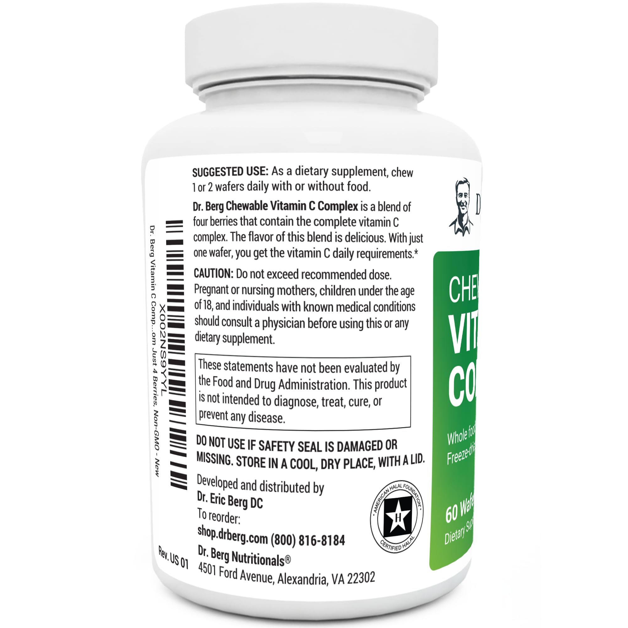 Dr. Berg's Vitamin C Complex Whole Food (60 Chewable) 100% Natural Vitamin C from Just 4 Berries, Non-GMO