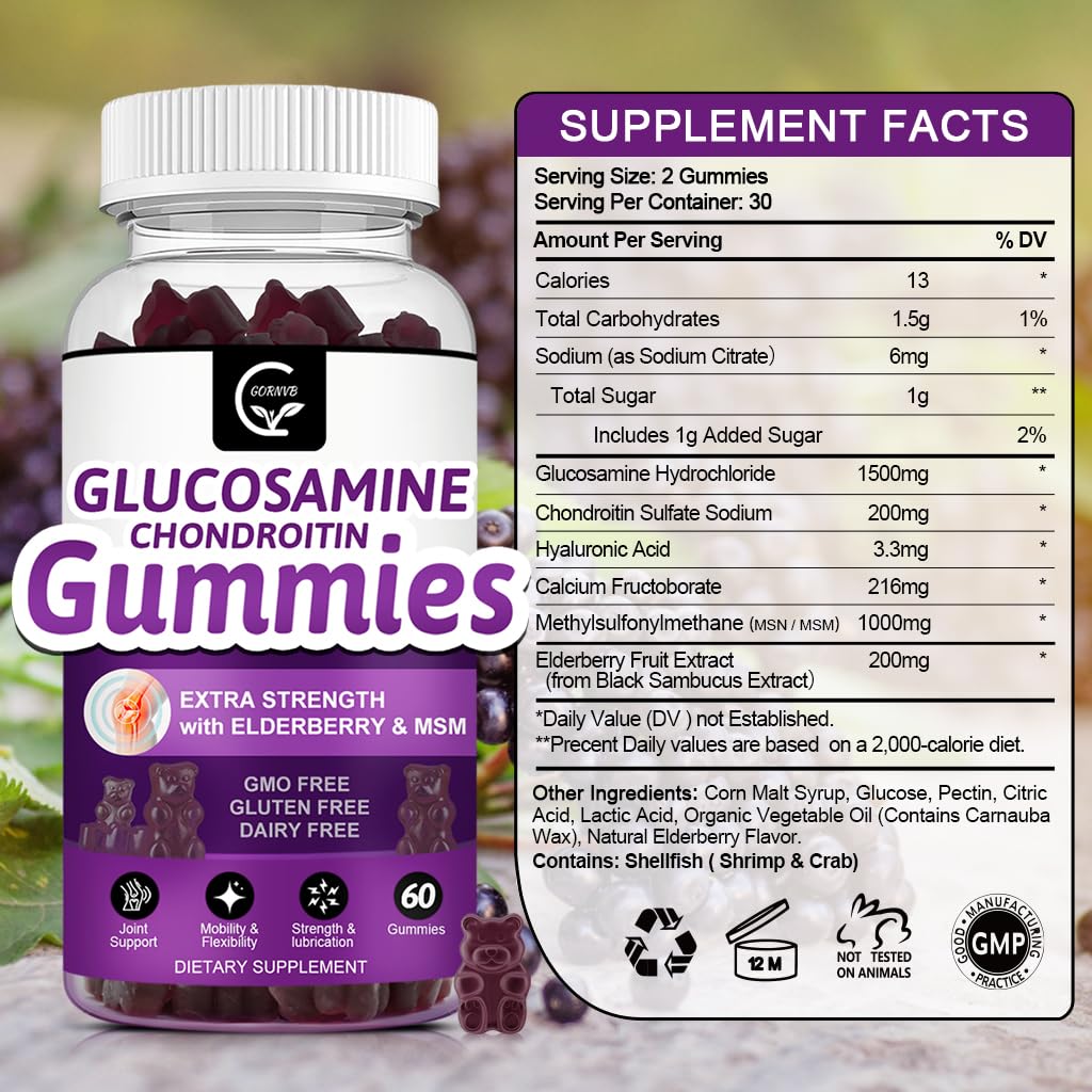 GORNVB Glucosamine Chondroitin Gummies with MSM & Elderberry Extra Strength - Joint Support, Antioxidant Immune Support Supplement for Adults, Men & Women - 60 Chondroitin Gummies (2 Pack)