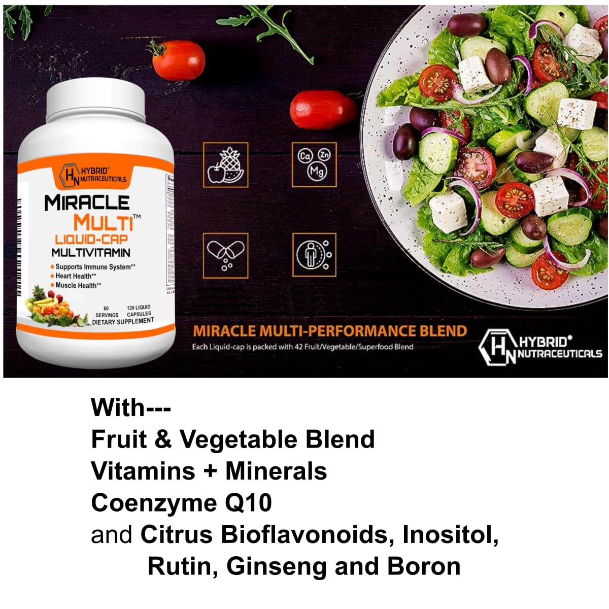 MiracleMulti Liquid Multivitamin Capsules for Men & Women - Complete Whole Food Blend Daily Vitamin & Mineral Supplement with CoQ10, B12, 42 Superfood Enzyme - 120 Softgels