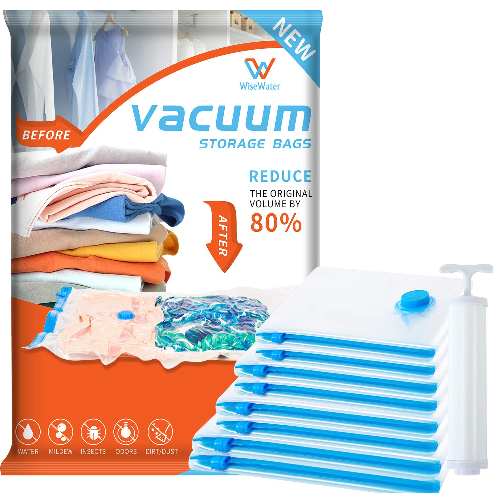 WISEWATER 10PCS Vacuum Storage Bags(2 x Jumbo, 2x Large, 2 x Medium, 2x Small,1x 3D,1x hand roll)Space Saving Bags with Travel Hand Pump(10pcs)