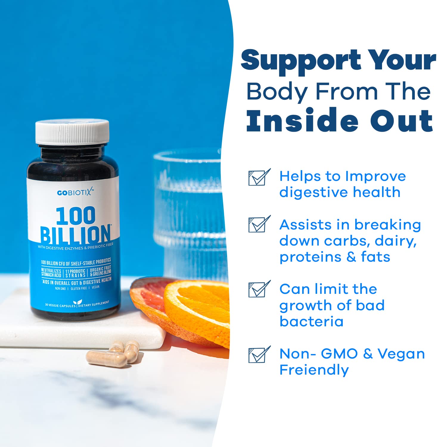 GOBIOTIX 100 Billion | Probiotics, Prebiotics & Digestive Enzymes Blend | High Potency with 100 Billion CFU | Enhanced with Organic Fruit & Organic Greens Blend | Vegan, Non-GMO | USA Made โ 30 Caps