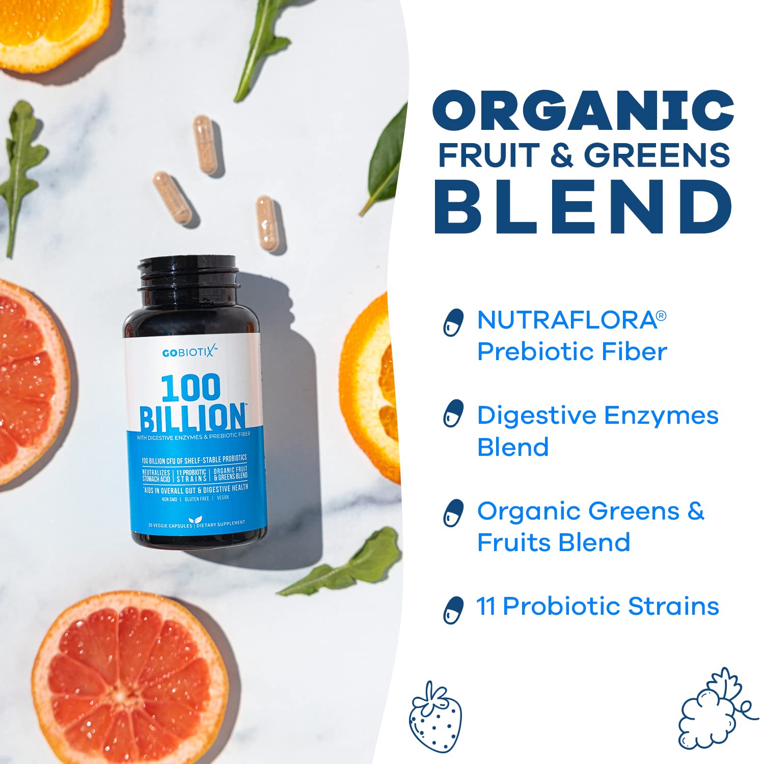 GOBIOTIX 100 Billion | Probiotics, Prebiotics & Digestive Enzymes Blend | High Potency with 100 Billion CFU | Enhanced with Organic Fruit & Organic Greens Blend | Vegan, Non-GMO | USA Made โ 30 Caps