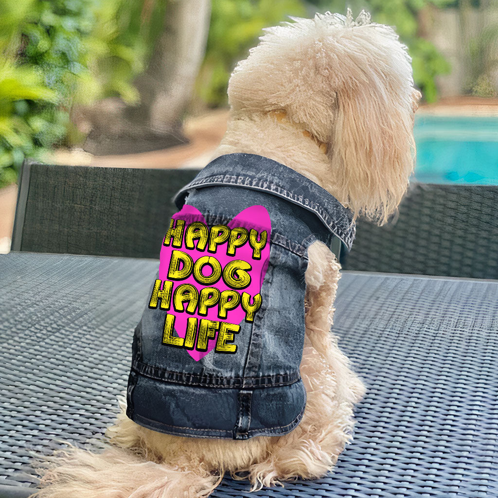 Happy Dog Happy Life Dog Denim Vest - Phrase Dog Denim Jacket - Art Print Dog Clothing