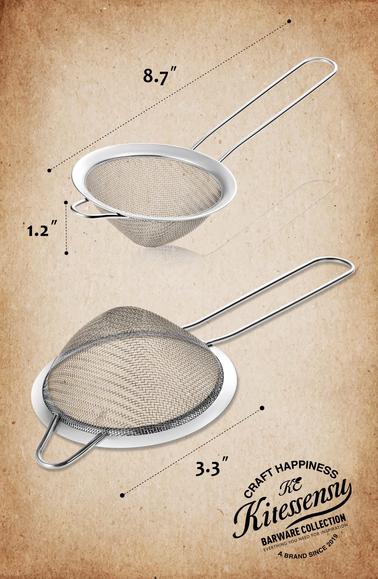 KITESSENSU Fine Mesh Strainer, 18/8 Stainless Steel Small Mesh Strainer with Handle, 3.3 Inch Effective Cone Shaped Cocktail Strainer for Cocktails, Tea Herbs, Coffee, Drinks and Spices