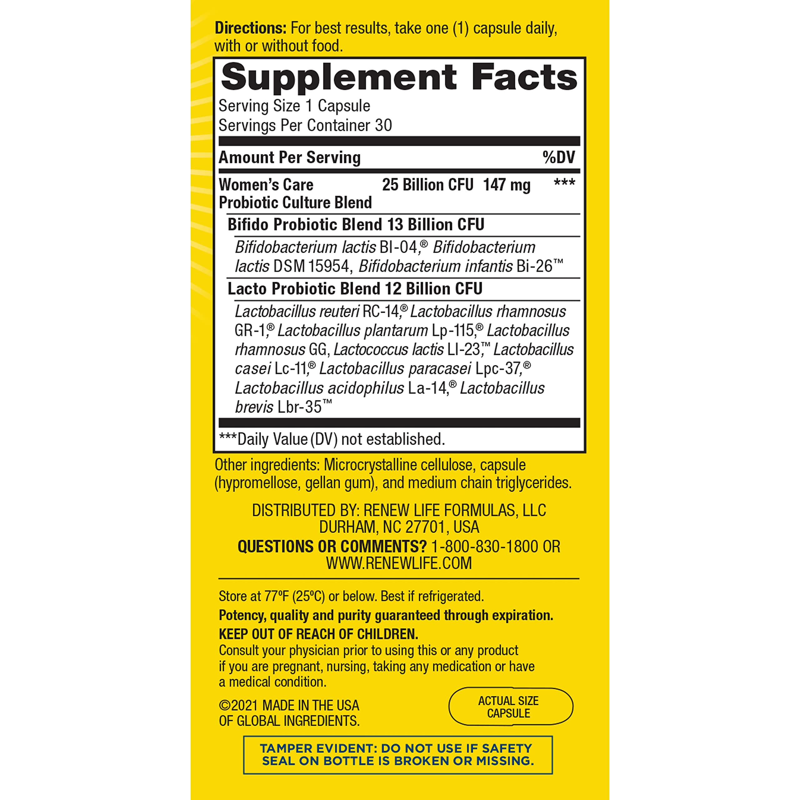 Renew Life Probiotics for Women, 25 Billion CFU Guaranteed, Probiotic Supplement for Digestive, Vaginal & Immune Health, Shelf Stable, Soy, Dairy & Gluten Free, 30 Capsules