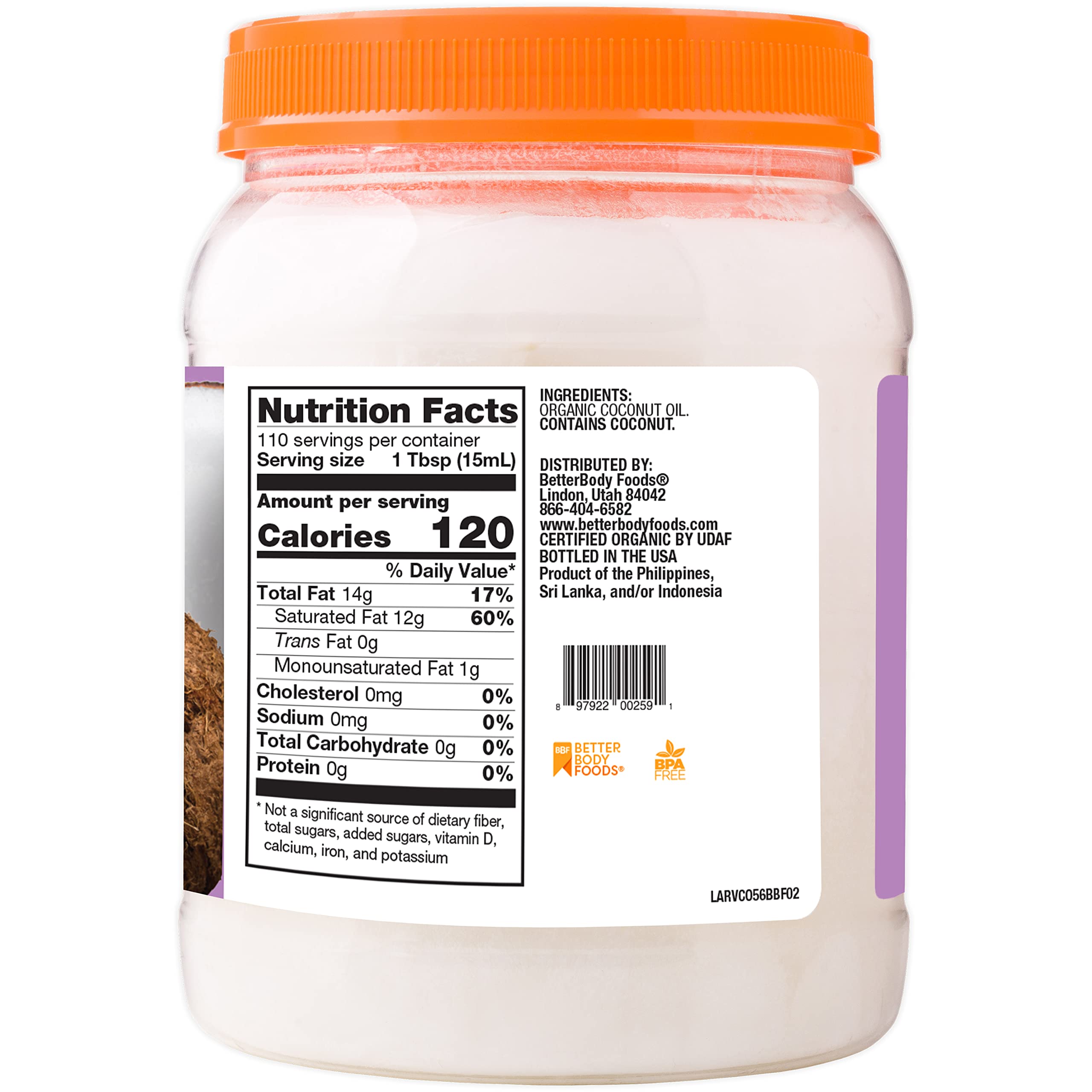 BetterBody Foods Organic Virgin Coconut Oil — Cold-Pressed and Unrefined Coconut Oil, Medium Temperature Cooking Oil, Great Alternative To Butter, Light Coconut Flavor and Aroma, 56 Ounce