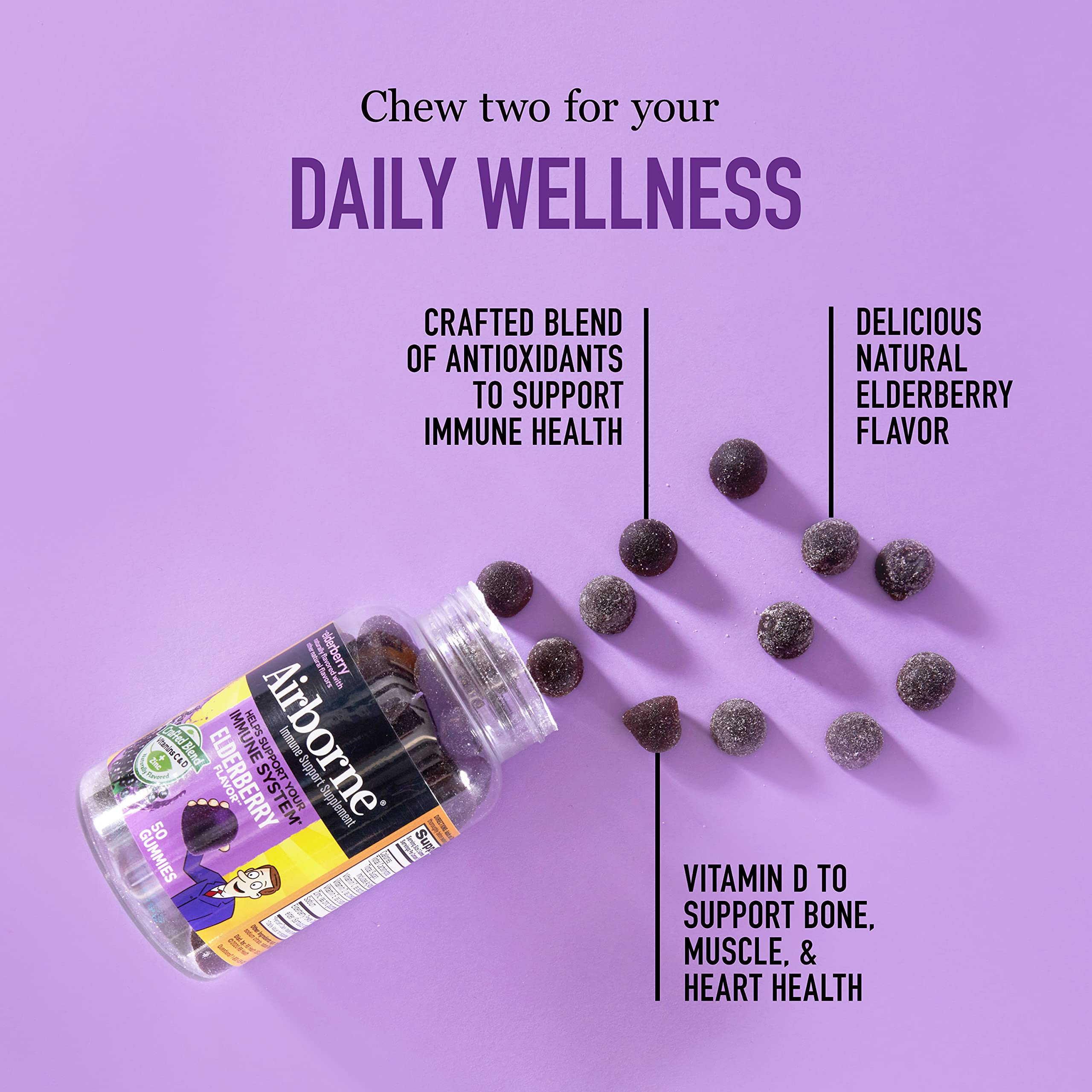 Airborne Elderberry + Zinc & Vitamin C Gummies For Adults, Immune Support Vitamin D & Zinc Gummies With Powerful Antioxidant Vitamins C D & E - 50 Gummies, Elderberry Flavor