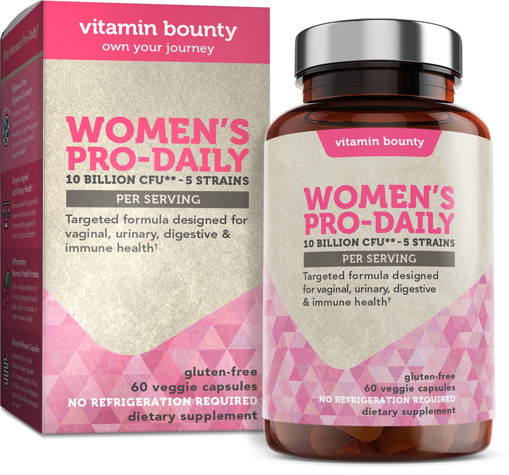 Vitamin Bounty Women's Pro Daily - Vaginal Probiotic & Prebiotic & pH Balance, Probiotics for Women Vaginigal Health, 10 Billion CFUs Per Serving with Cranberry, Gluten-Free - 60 Capsules