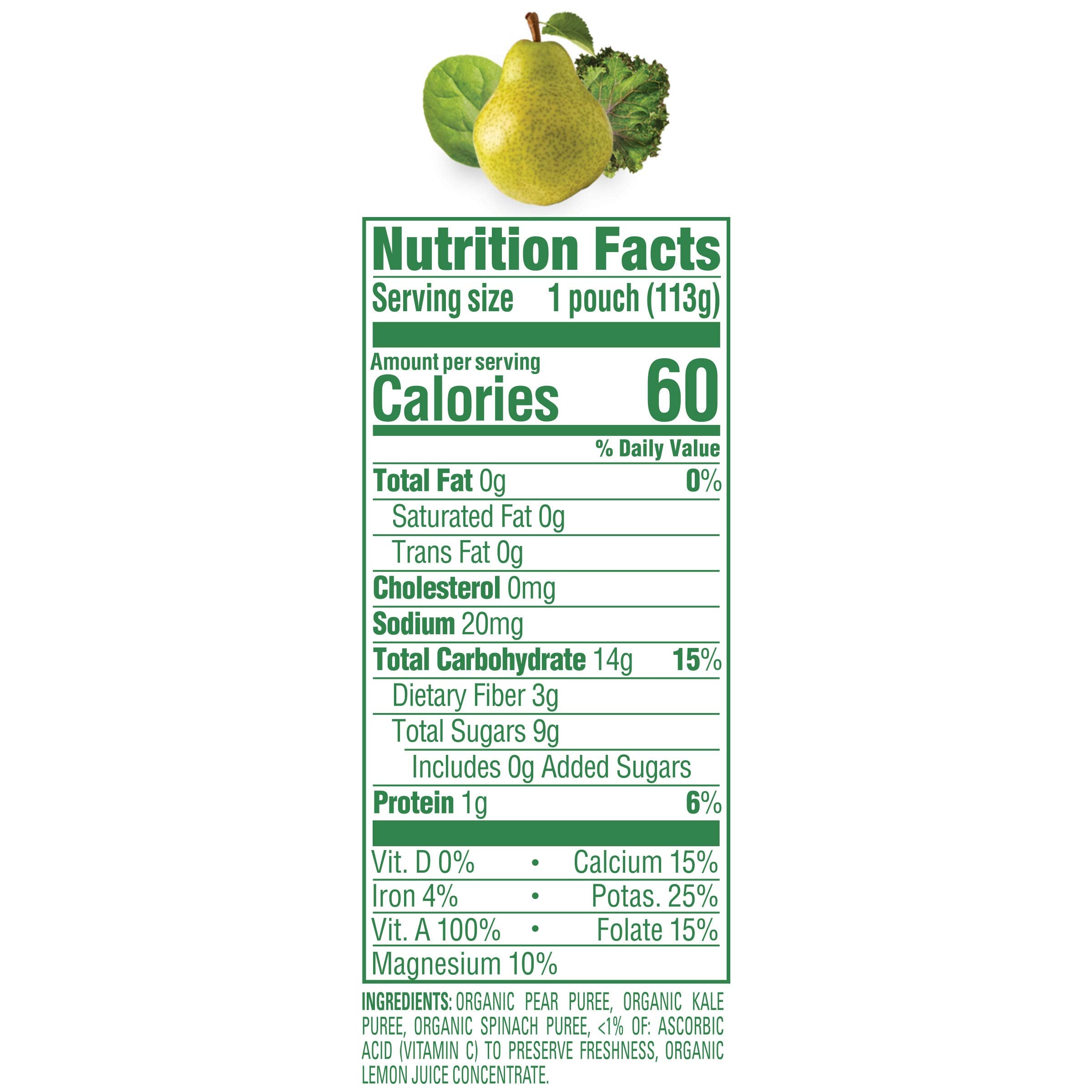 Happy Baby Organics Stage 2 Baby Food Pouches, Gluten Free, Vegan & Healthy Snack, Clearly Crafted Fruit & Veggie Puree, Pears, Kale & Spinach, 4 Ounces (Pack of 16)
