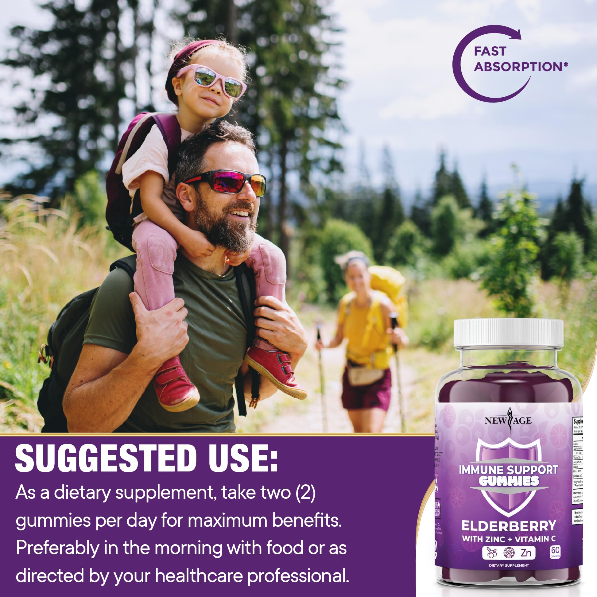 NEW AGE Immune System Support Gummies - Sambucus Black Elderberry Gummies with Vitamin C and Zinc (Immune Support 120 Gummies)