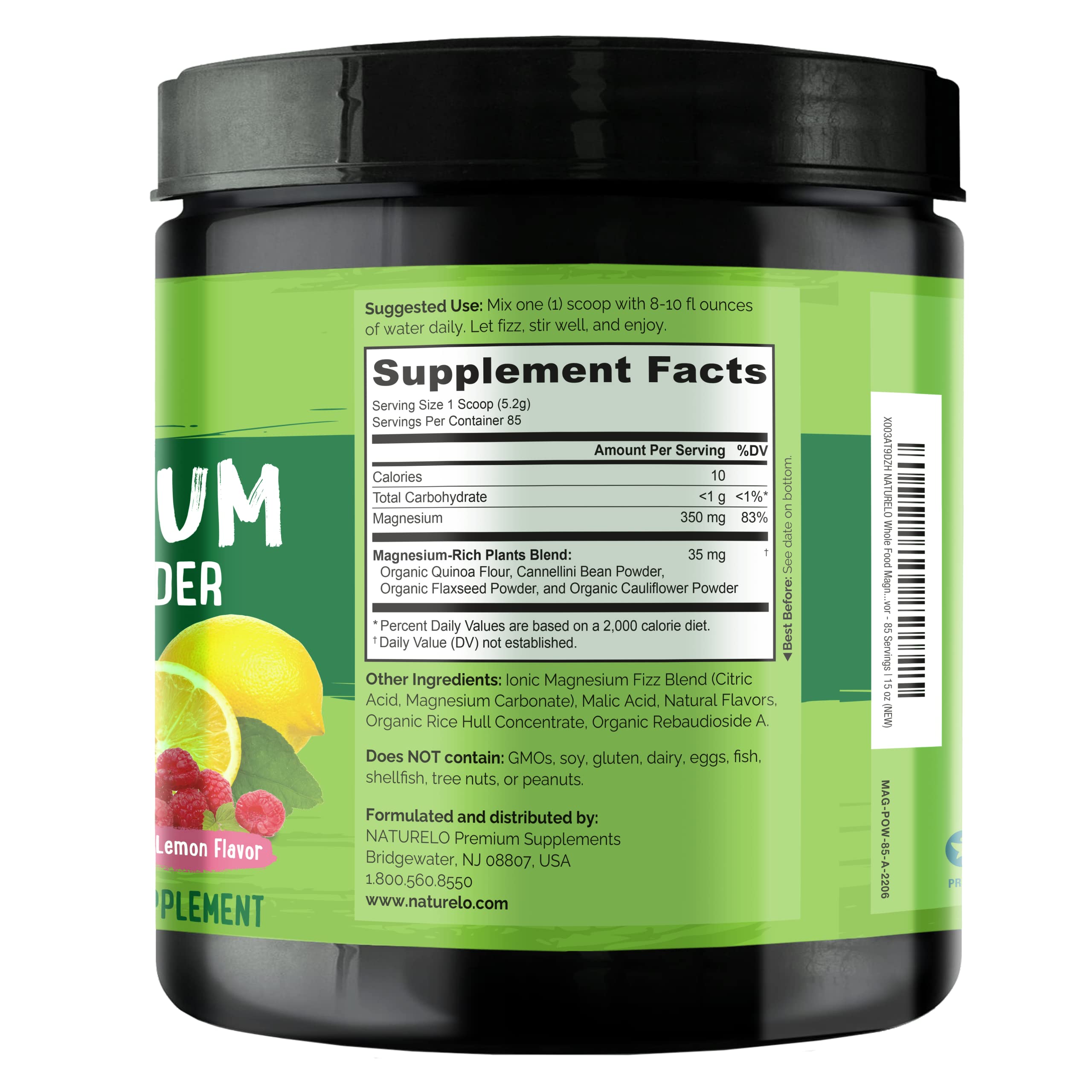 NATURELO Whole Food Magnesium Powder - Supports Stress Relief, Relaxation, Raspberry Lemon Flavor - 85 Servings | 15 oz