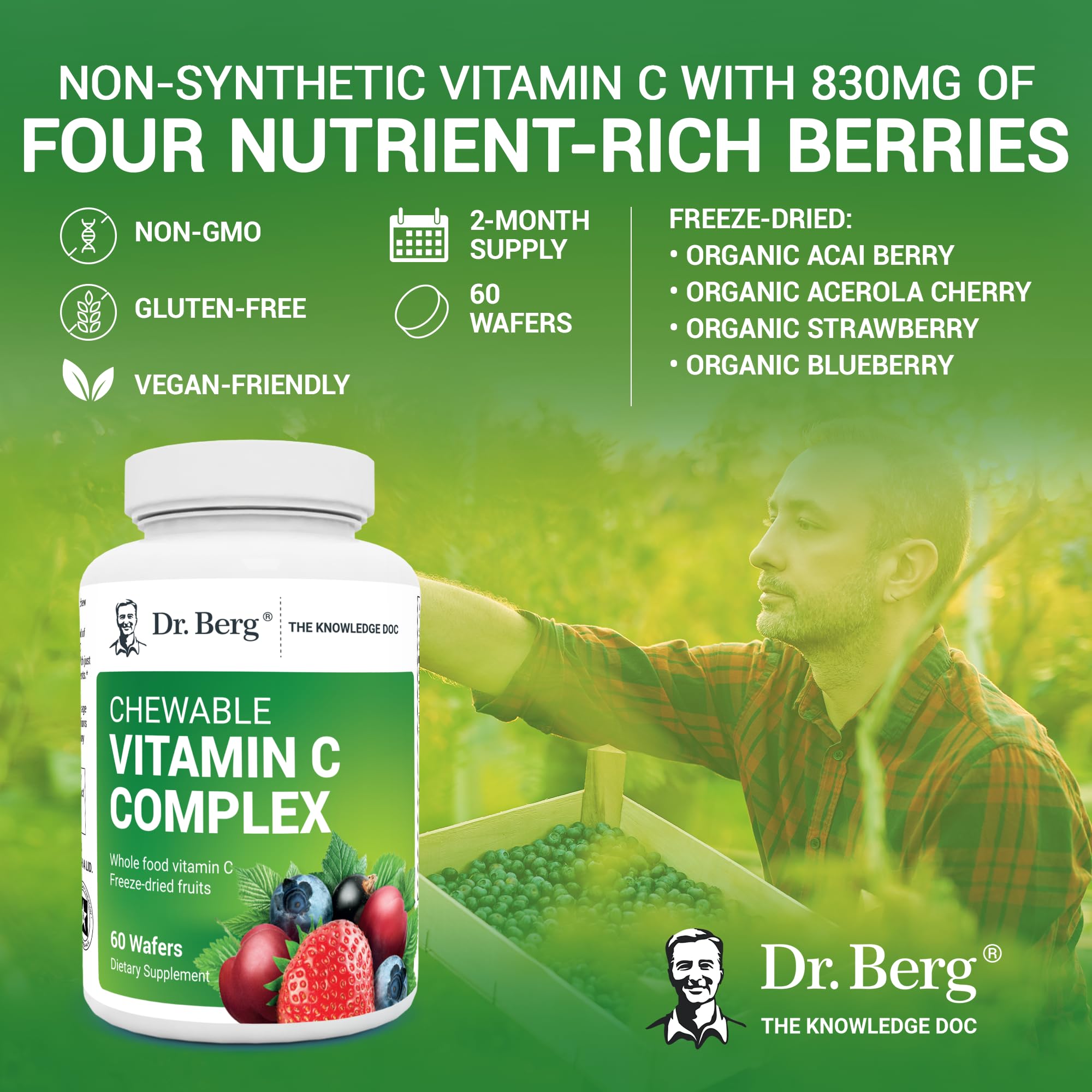 Dr. Berg's Vitamin C Complex Whole Food (60 Chewable) 100% Natural Vitamin C from Just 4 Berries, Non-GMO