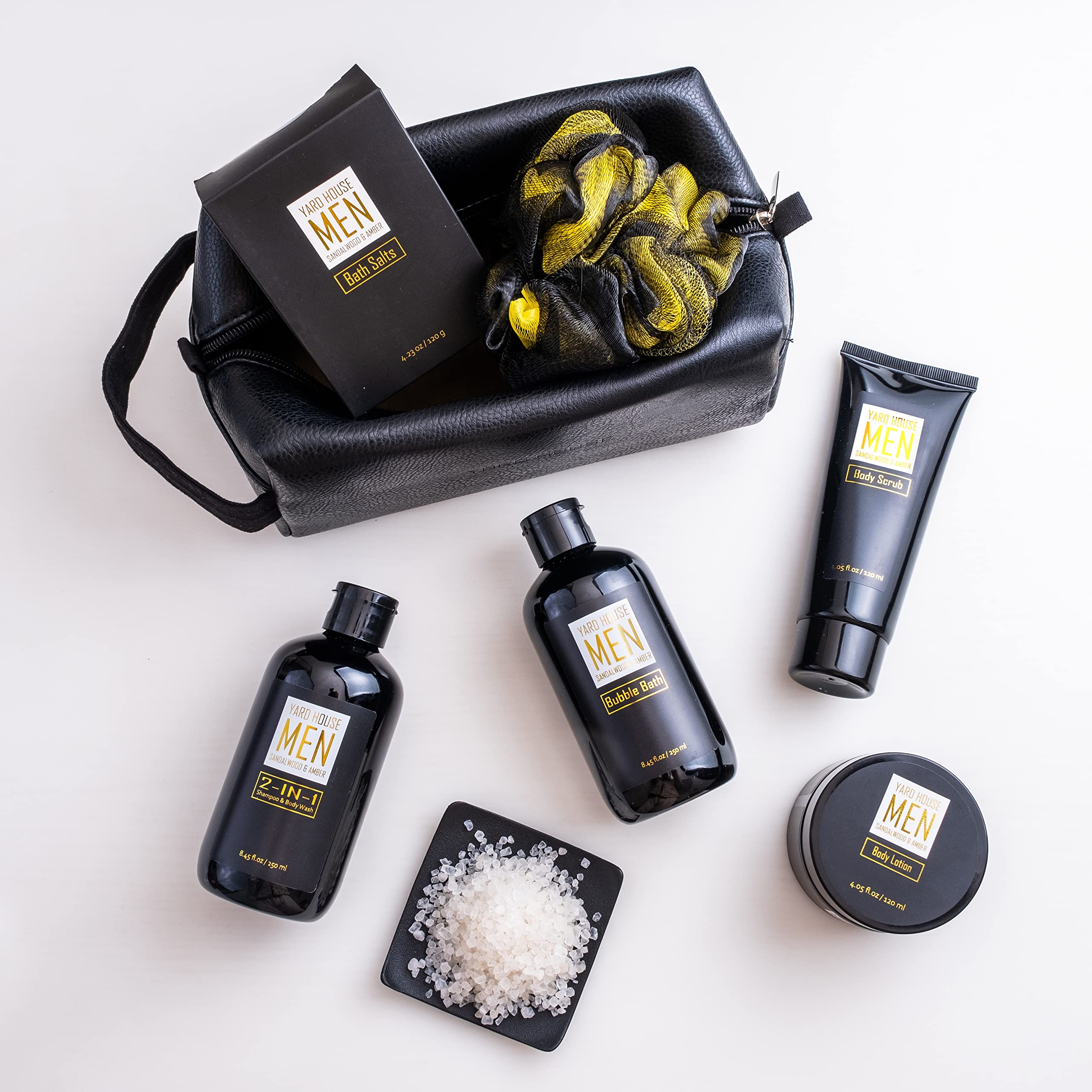 YARD HOUSE Bath and Body Spa Gift Baskets Set for Men - Sandalwood Amber - 7Pc Spa Kit w. Full Size Items in Leather Toiletry Bag - Happy Fathers Day Gifts For Husband, Dad From Wife, Daughter, Son