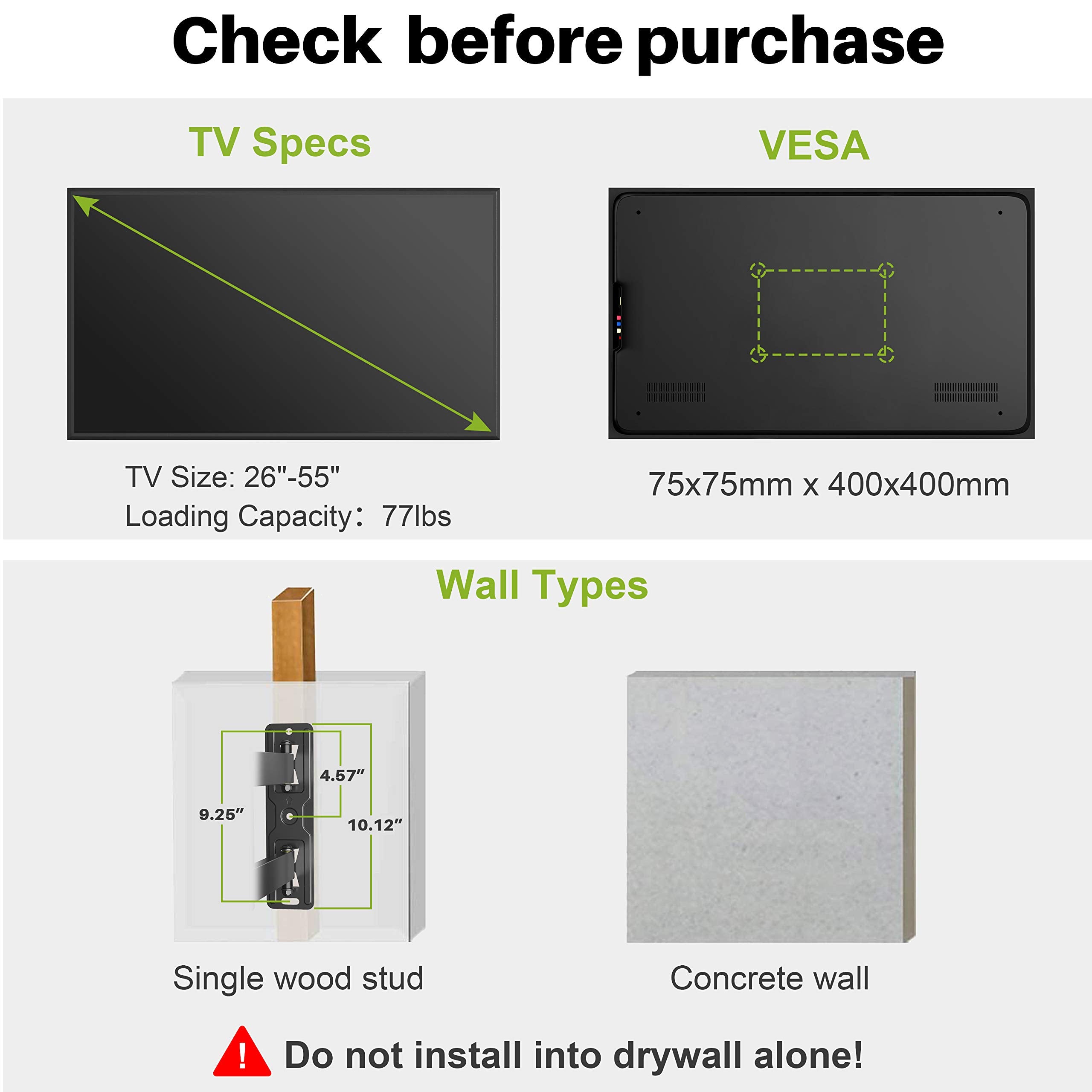 USX MOUNT Full Motion TV Wall Mount Swivel and Tilt for Most 26-55 Inch TVs, TV Mount Perfect Center Corner Design on Single Stud, Wall Mount TV Bracket Up to VESA 400x400mm and 77 lbs