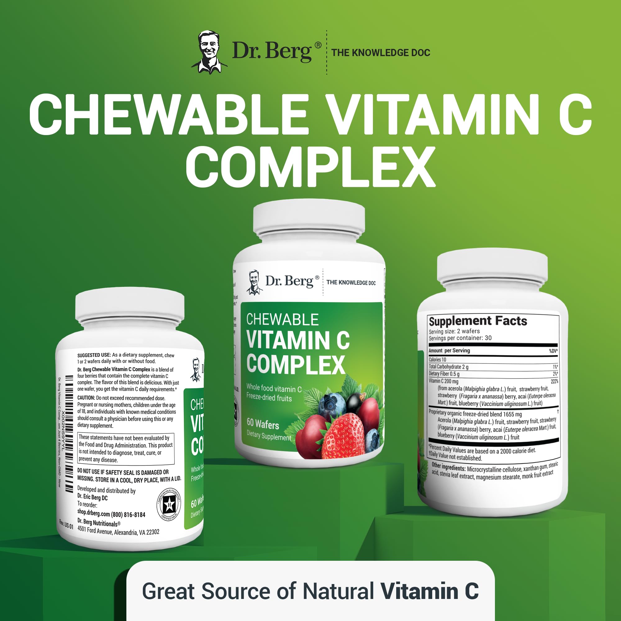 Dr. Berg's Vitamin C Complex Whole Food (60 Chewable) 100% Natural Vitamin C from Just 4 Berries, Non-GMO