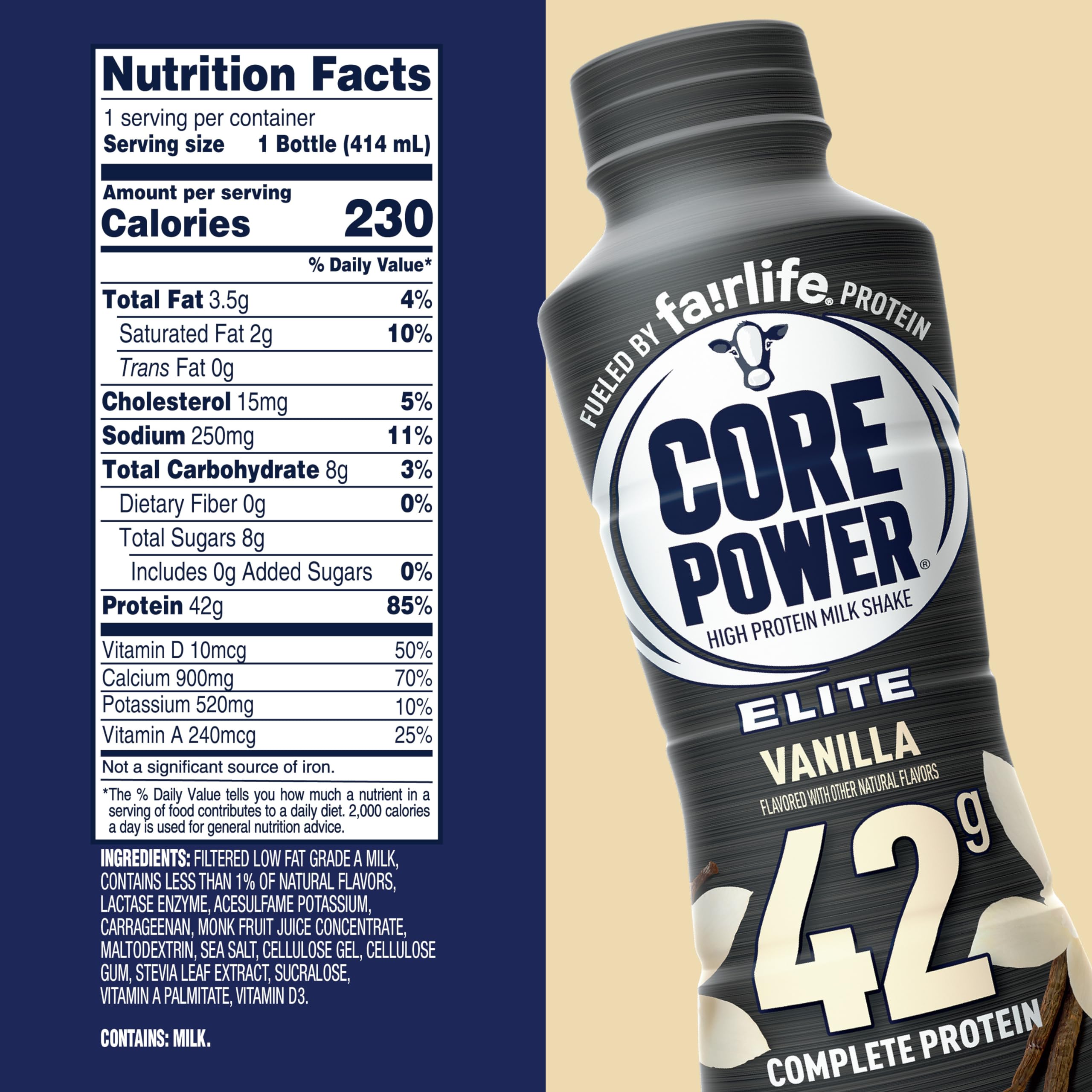 Core Power Fairlife Elite 42g High Protein Milk Shake, Ready To Drink for Workout Recovery, Vanilla, 14 Fl Oz (Pack of 12)