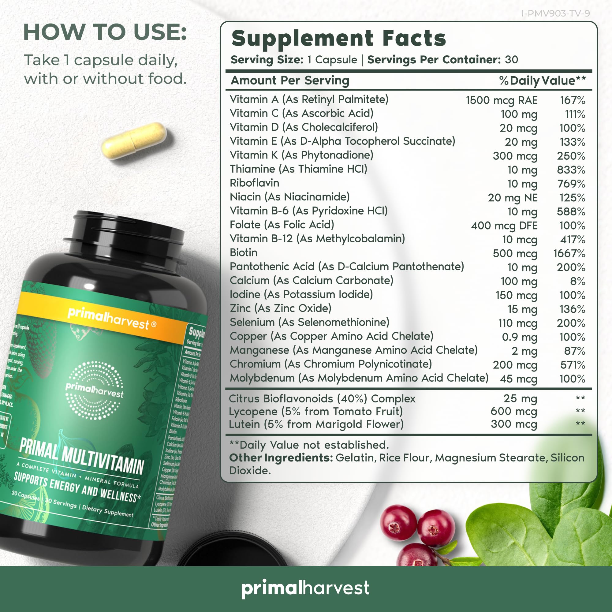 Primal Harvest 2 Pack, Multivitamin for Women and Men Vitamin A, Vitamin C, Vitamin D and E, Vitamin B12, B6, Biotin, Zinc Supplements, 30 Capsules