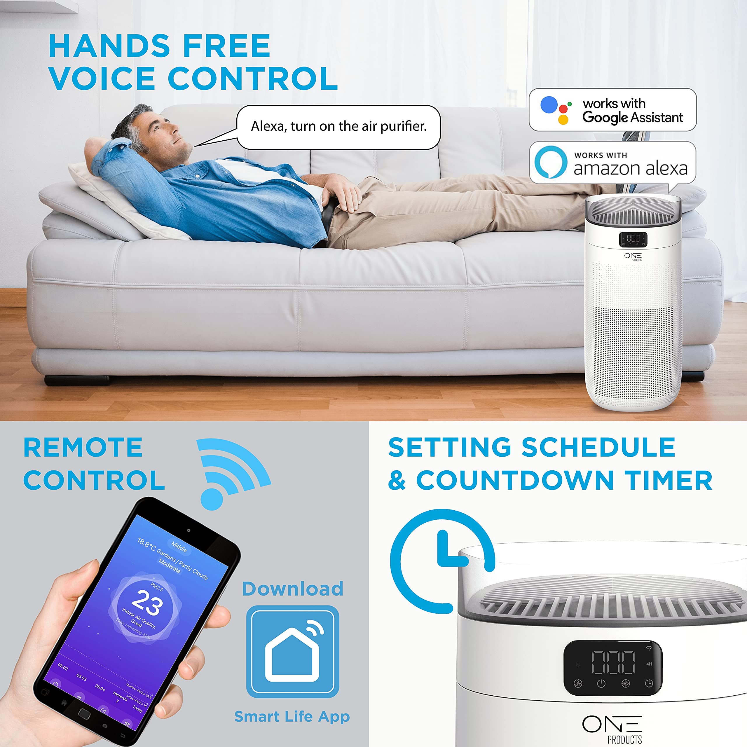 ONE Products Smart Hepa Air Purifier, UV Light Sanitizer, Covers Small to Large Room, Kills 99.99% Germs, Bacteria, Allergies, Pollen, Smoke, Dust, Pet Dander, Work with Alexa, Google, Athena(OSAP02)